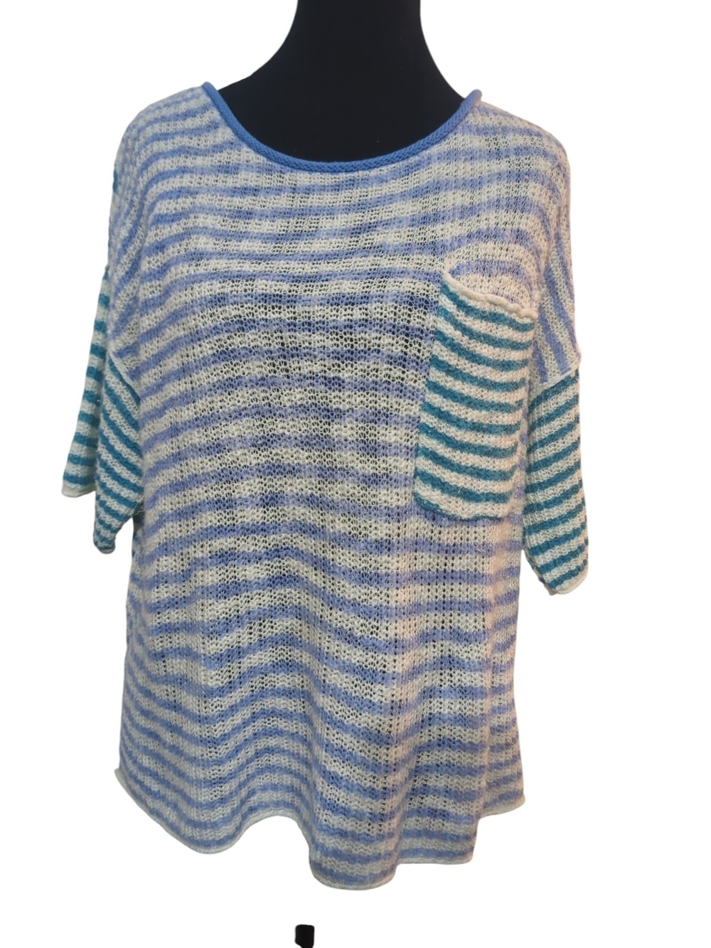 Sundance Striped Open Knit Sweater Top Small Blue White Coastal Grandma Boho